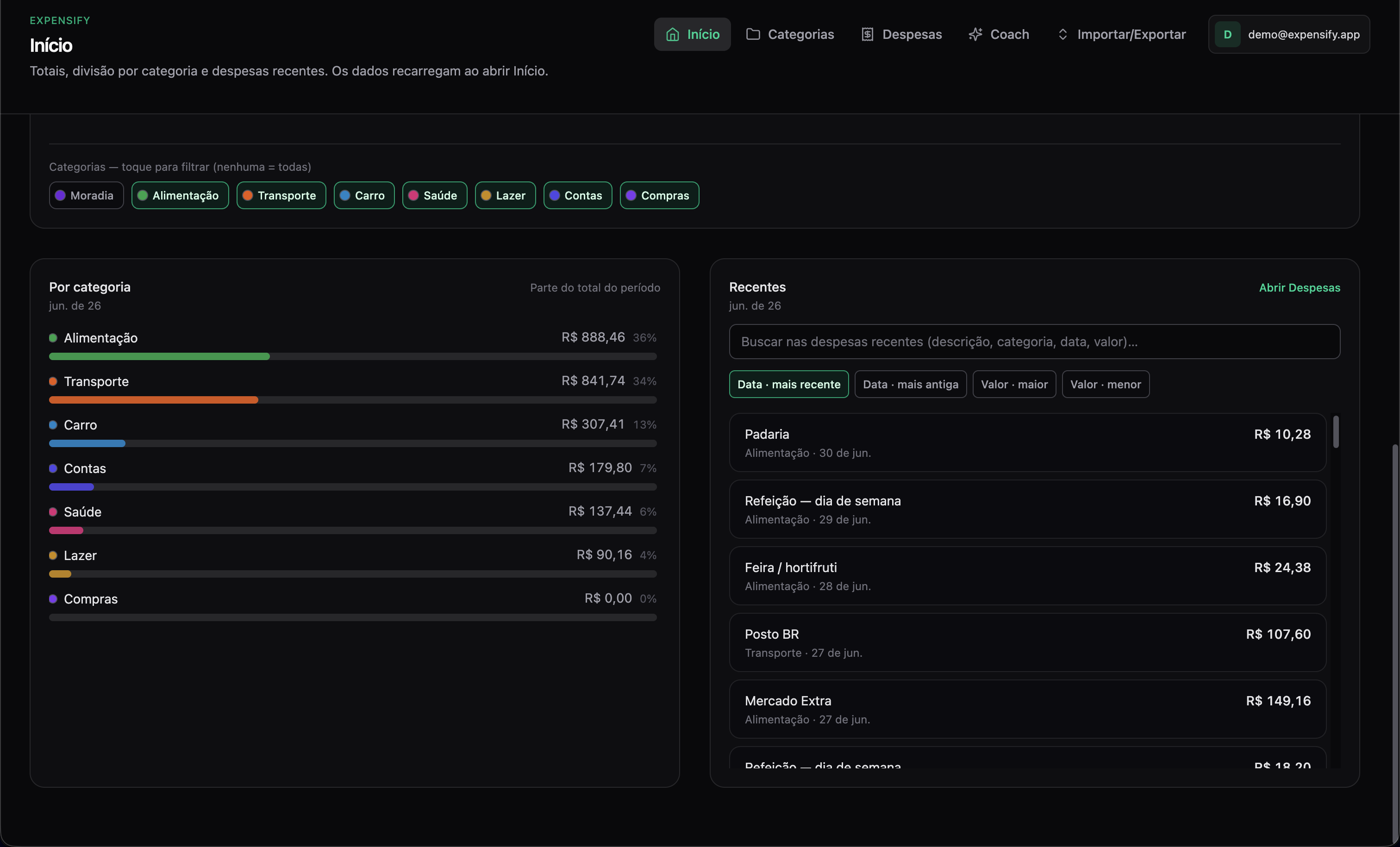 Captura de tela do Expensify — categorias