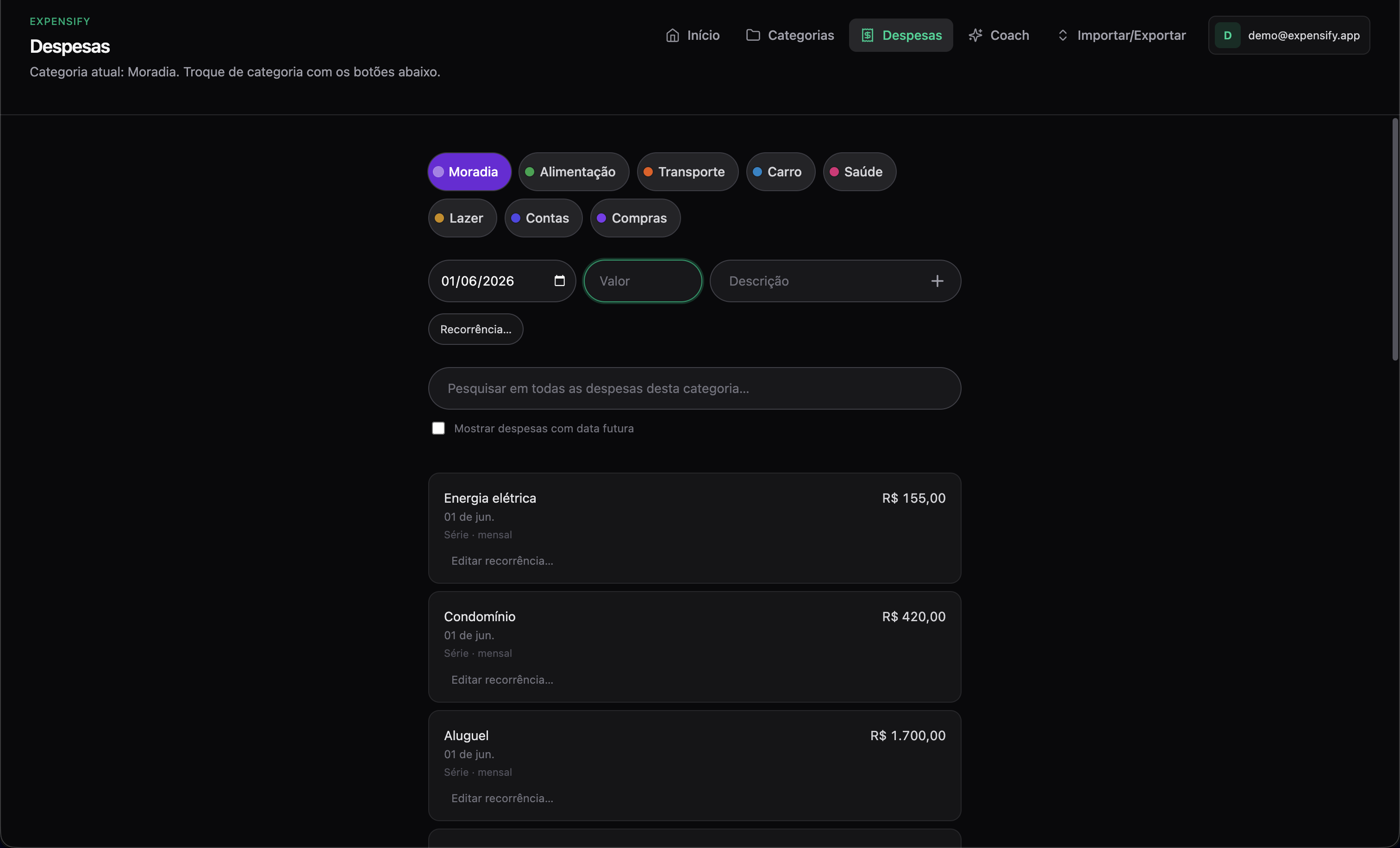 Captura de tela do Expensify — importar e exportar