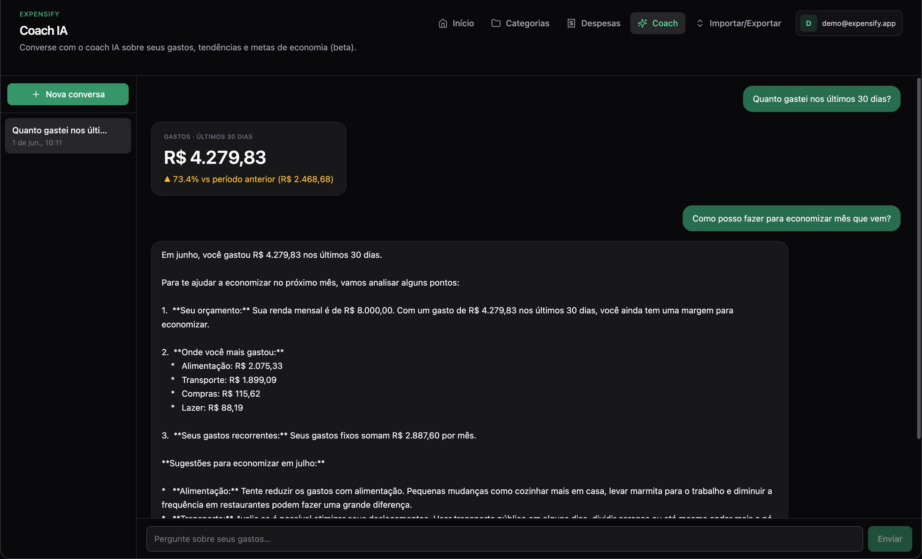 Captura de tela do Expensify — coach IA